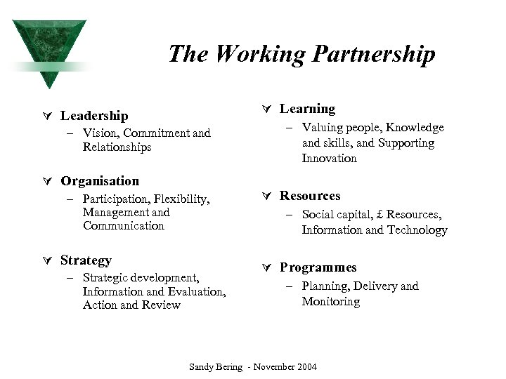 The Working Partnership Ú Leadership – Vision, Commitment and Relationships Ú Learning – Valuing