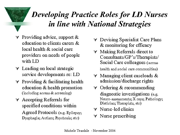 Developing Practice Roles for LD Nurses in line with National Strategies Ú Providing advice,