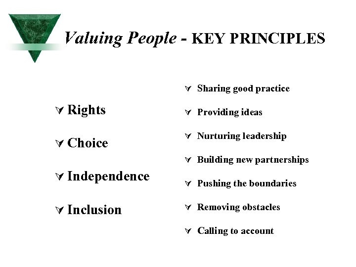 Valuing People - KEY PRINCIPLES Ú Sharing good practice Ú Rights Ú Choice Ú