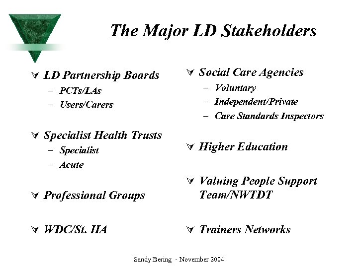 The Major LD Stakeholders Ú LD Partnership Boards Ú Social Care Agencies – Voluntary