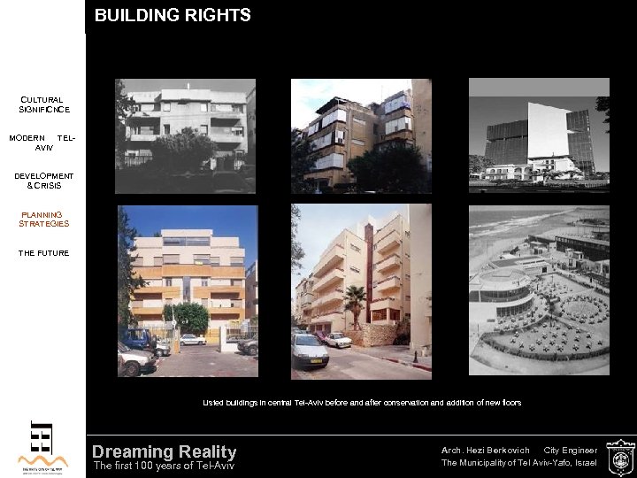BUILDING RIGHTS CULTURAL SIGNIFICNCE MODERN TELAVIV DEVELOPMENT & CRISIS PLANNING STRATEGIES THE FUTURE Listed