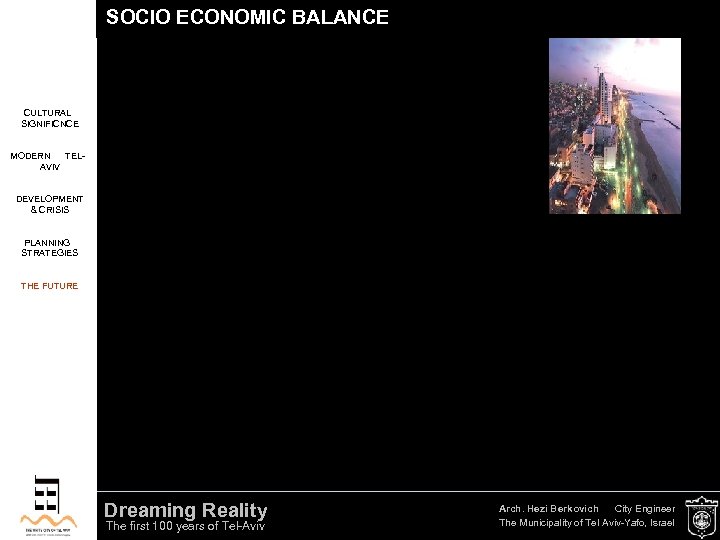 SOCIO ECONOMIC BALANCE CULTURAL SIGNIFICNCE MODERN TELAVIV DEVELOPMENT & CRISIS PLANNING STRATEGIES THE FUTURE