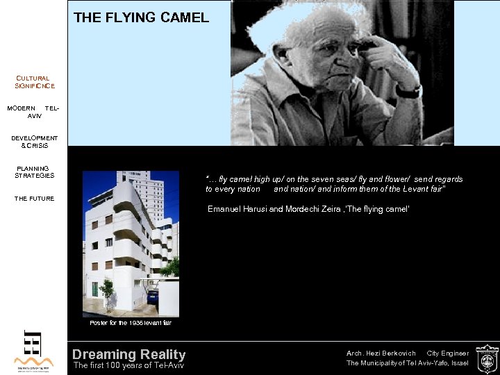 THE FLYING CAMEL CULTURAL SIGNIFICNCE MODERN TELAVIV DEVELOPMENT & CRISIS PLANNING STRATEGIES “… fly