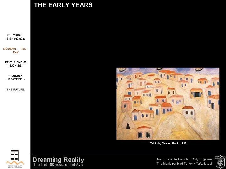 THE EARLY YEARS CULTURAL SIGNIFICNCE MODERN TELAVIV DEVELOPMENT & CRISIS PLANNING STRATEGIES THE FUTURE