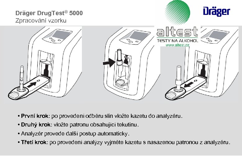 Dräger Drug. Test® 5000 Zpracování vzorku • První krok: po provedení odběru slin vložte