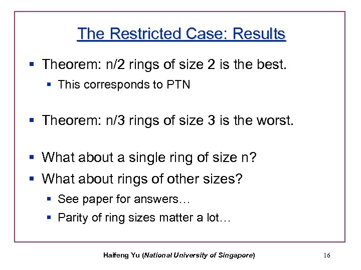 The Restricted Case: Results § Theorem: n/2 rings of size 2 is the best.