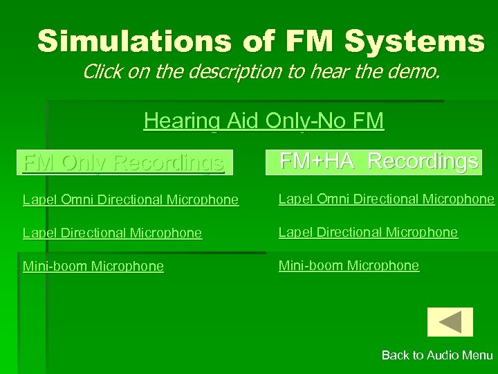 Simulations of FM Systems Click on the description to hear the demo. Hearing Aid