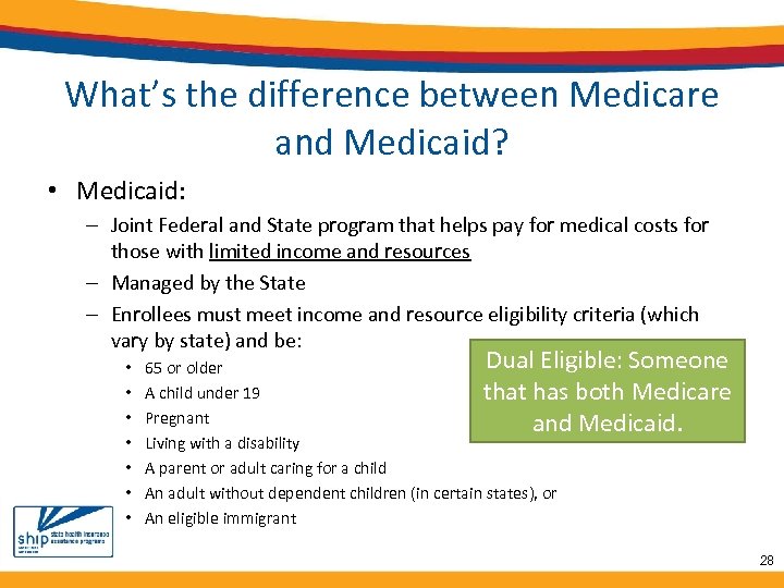 What’s the difference between Medicare and Medicaid? • Medicaid: – Joint Federal and State