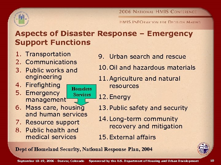 Aspects of Disaster Response – Emergency Support Functions 1. Transportation 2. Communications 3. Public