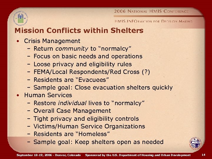 Mission Conflicts within Shelters • Crisis Management – Return community to “normalcy” – Focus