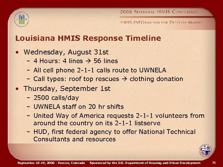 Louisiana HMIS Response Timeline • Wednesday, August 31 st – 4 Hours: 4 lines
