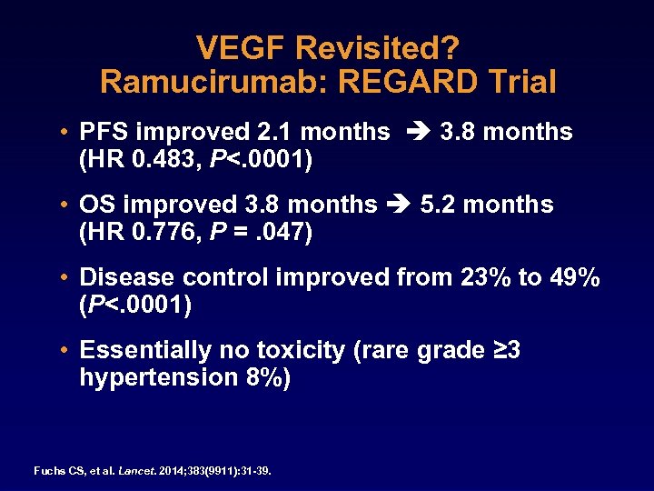 VEGF Revisited? Ramucirumab: REGARD Trial • PFS improved 2. 1 months 3. 8 months