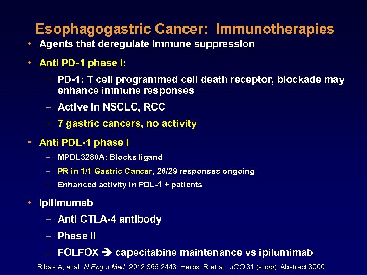 Esophagogastric Cancer: Immunotherapies • Agents that deregulate immune suppression • Anti PD-1 phase I: