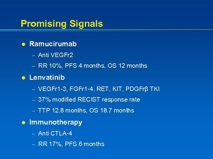 Promising Signals l Ramucirumab – Anti VEGFr 2 – RR 10%, PFS 4 months,