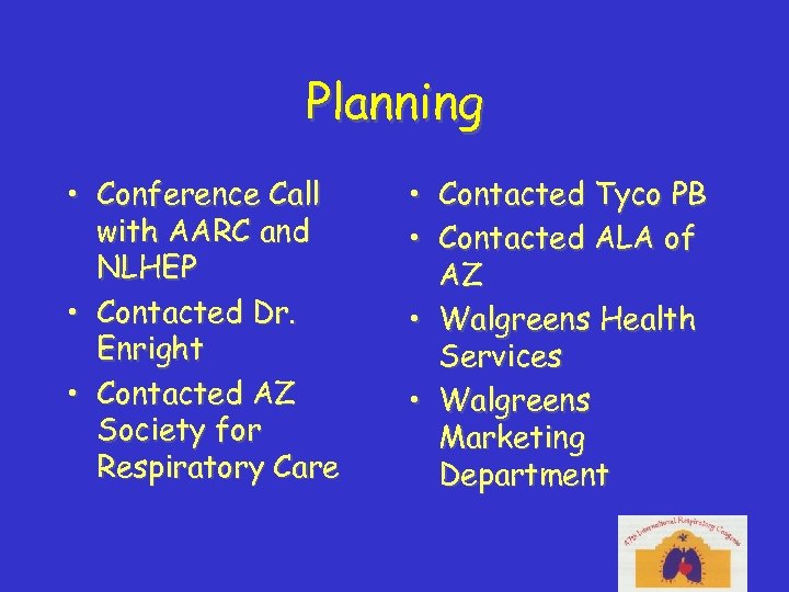 Planning • Conference Call with AARC and NLHEP • Contacted Dr. Enright • Contacted