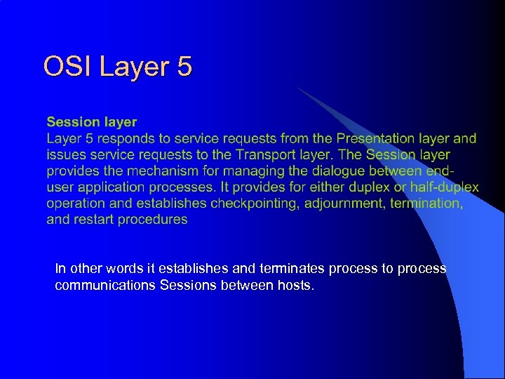 OSI Layer 5 In other words it establishes and terminates process to process communications