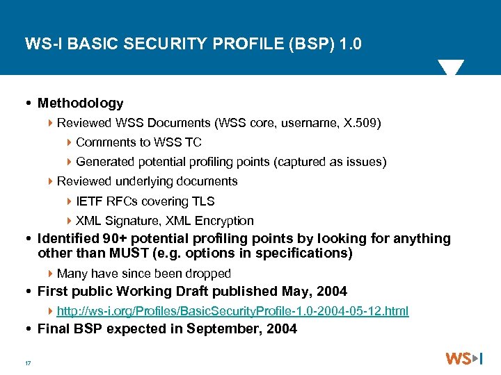 WS-I BASIC SECURITY PROFILE (BSP) 1. 0 Methodology 4 Reviewed WSS Documents (WSS core,