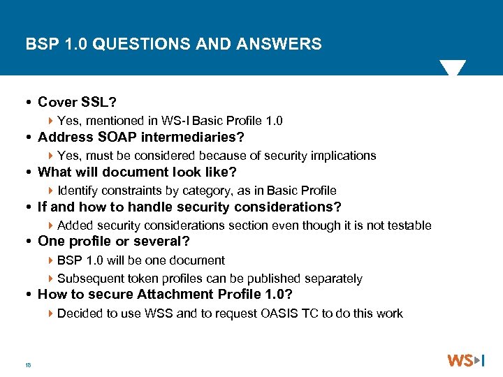 BSP 1. 0 QUESTIONS AND ANSWERS Cover SSL? 4 Yes, mentioned in WS-I Basic