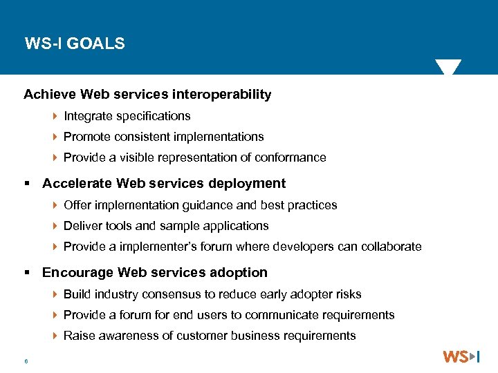 WS-I GOALS Achieve Web services interoperability 4 Integrate specifications 4 Promote consistent implementations 4