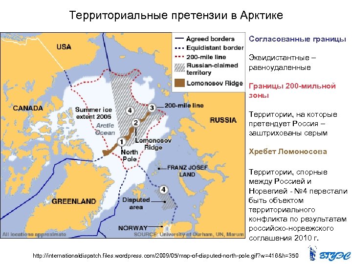 Территориальные претензии в Арктике Согласованные границы Эквидистантные – равноудаленные Границы 200 -мильной зоны Территории,