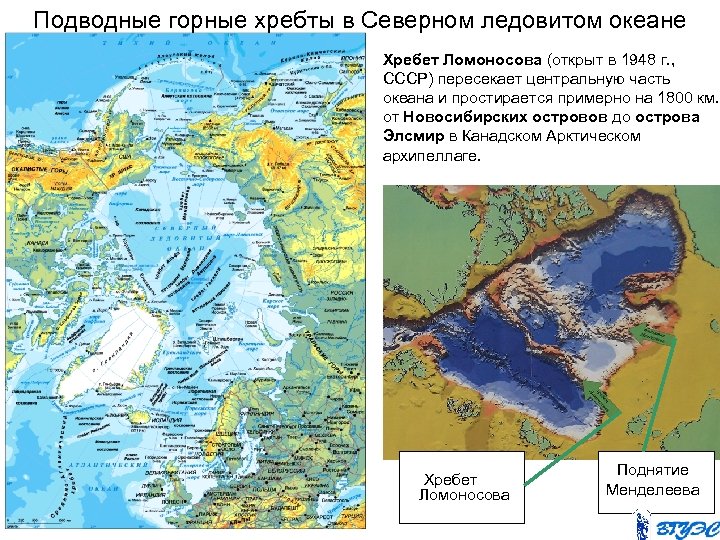 Подводные горные хребты в Северном ледовитом океане Хребет Ломоносова (открыт в 1948 г. ,