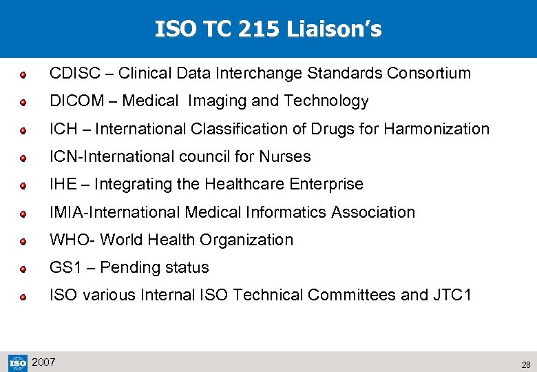 ISO TC 215 Liaison’s CDISC – Clinical Data Interchange Standards Consortium DICOM – Medical