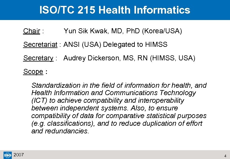 ISO/TC 215 Health Informatics Chair : Yun Sik Kwak, MD, Ph. D (Korea/USA) Secretariat