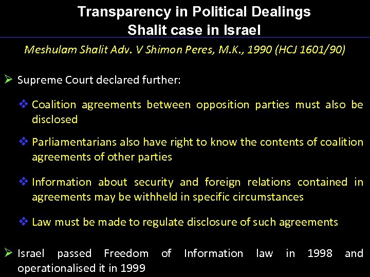 Transparency in Political Dealings Shalit case in Israel Meshulam Shalit Adv. V Shimon Peres,