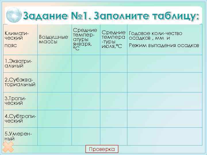 Задание № 1. Заполните таблицу: Климатический пояс Средние Воздушные температуры массы января, °С Средние