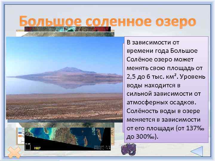 Большое соленное озеро В зависимости от Озеро расположено на времени года Большое высоте 1280