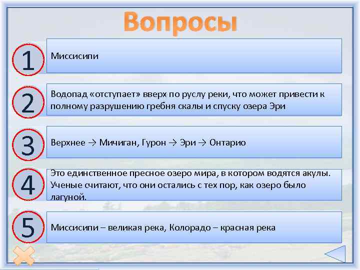 Вопросы 1 2 3 4 5 Миссисипи Какая река Северной Америки самая полноводная? Водопад