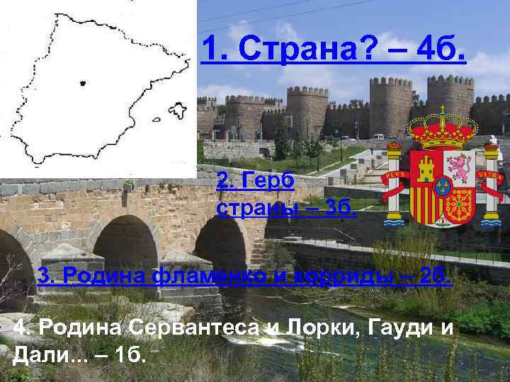 1. Страна? – 4 б. 2. Герб страны – 3 б. 3. Родина фламенко
