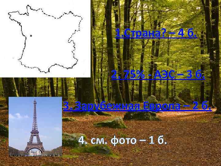 1. Страна? – 4 б. 2. 75% - АЭС – 3 б. 3. Зарубежная