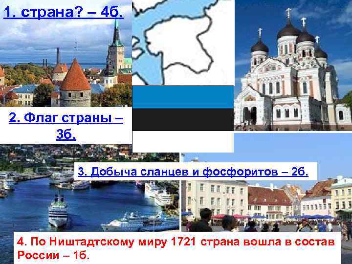 1. страна? – 4 б. 2. Флаг страны – 3 б. 3. Добыча сланцев