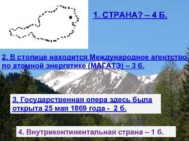 1. СТРАНА? – 4 Б. 2. В столице находится Международное агентство по атомной энергетике