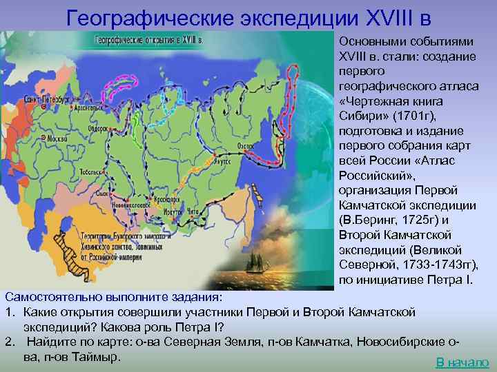 Географические экспедиции XVIII в Основными событиями XVIII в. стали: создание первого географического атласа «Чертежная