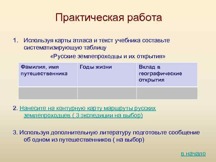 Практическая работа 1. Используя карты атласа и текст учебника составьте систематизирующую таблицу «Русские землепроходцы