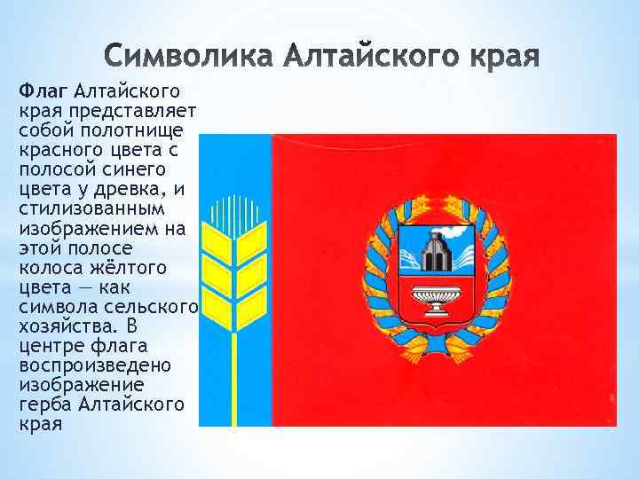 Флаг Алтайского края представляет собой полотнище красного цвета с полосой синего цвета у древка,
