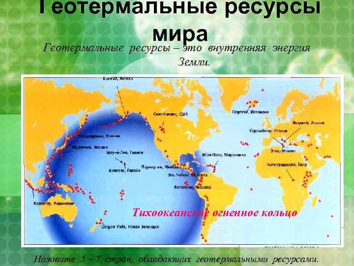 Геотермальные ресурсы миравнутренняя энергия Геотермальные ресурсы – это Земли. Тихоокеанское огненное кольцо Назовите 5