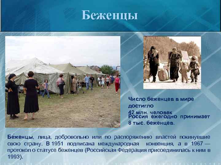 Беженцы Число беженцев в мире достигло 42 млн. человек Россия ежегодно принимает 8 тыс.