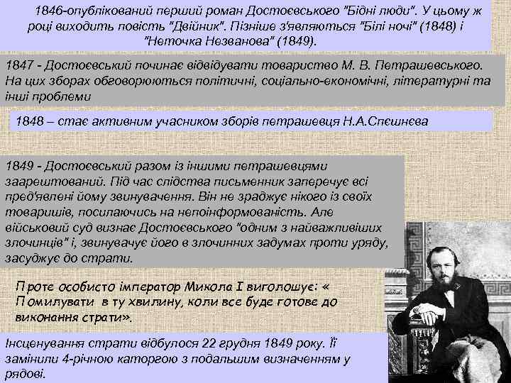 1846 -опублікований перший роман Достоєвського "Бідні люди". У цьому ж році виходить повість "Двійник".