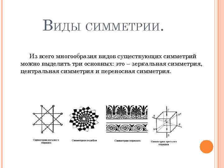 ВИДЫ СИММЕТРИИ. Из всего многообразия видов существующих симметрий можно выделить три основных: это –