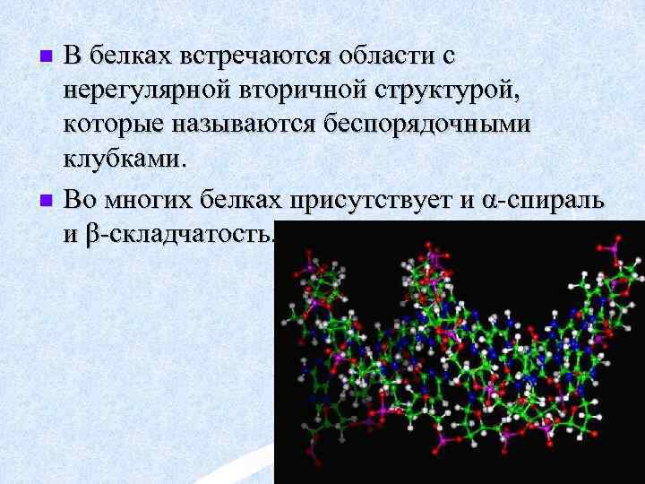 В белках встречаются области с нерегулярной вторичной структурой, которые называются беспорядочными клубками. n Во