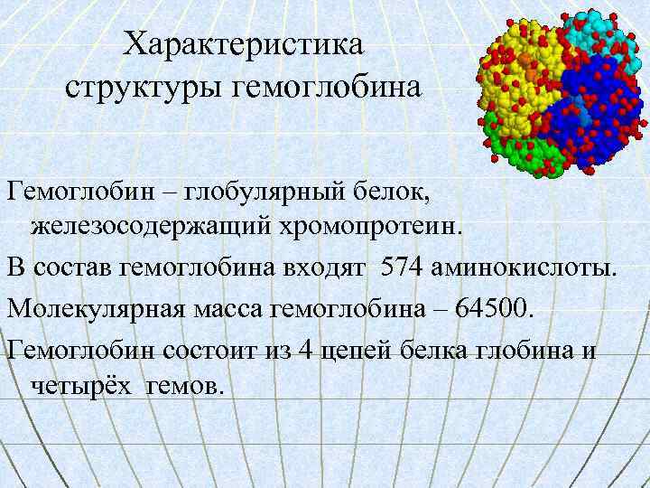 Характеристика структуры гемоглобина Гемоглобин – глобулярный белок, железосодержащий хромопротеин. В состав гемоглобина входят 574