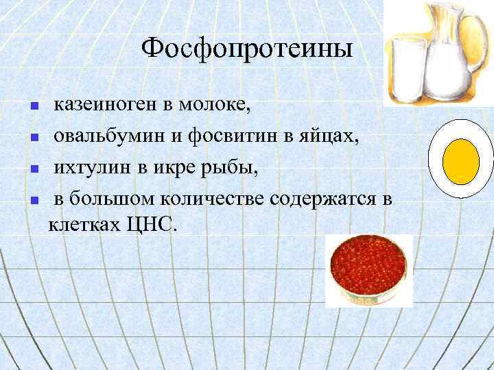 Фосфопротеины n n казеиноген в молоке, овальбумин и фосвитин в яйцах, ихтулин в икре