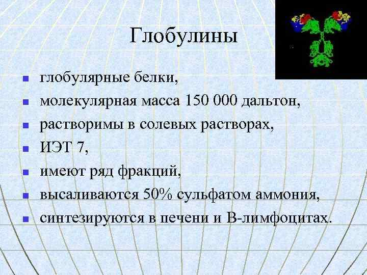 Глобулины n n n n глобулярные белки, молекулярная масса 150 000 дальтон, растворимы в