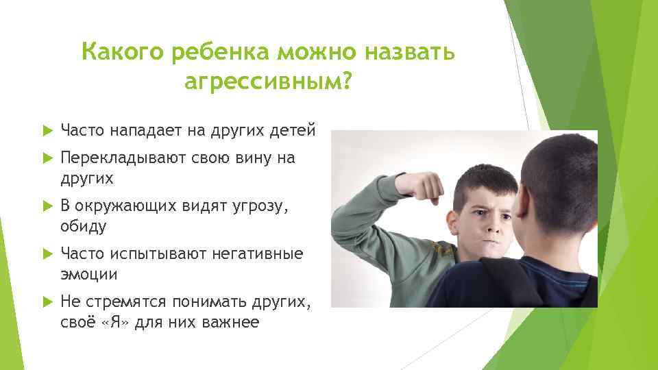 Какого ребенка можно назвать агрессивным? Часто нападает на других детей Перекладывают свою вину на