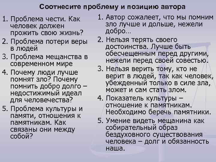 Соотнесите проблему и позицию автора 1. Автор сожалеет, что мы помним 1. Проблема чести.