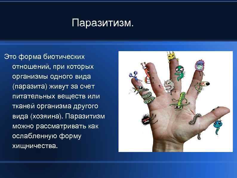 Паразитизм. Это форма биотических отношений, при которых организмы одного вида (паразита) живут за счет