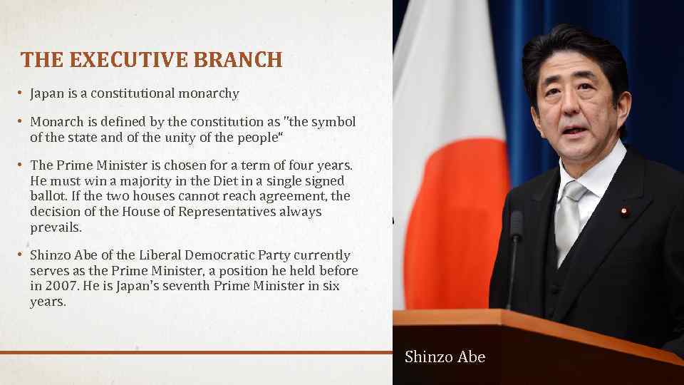 THE EXECUTIVE BRANCH • Japan is a constitutional monarchy • Monarch is defined by